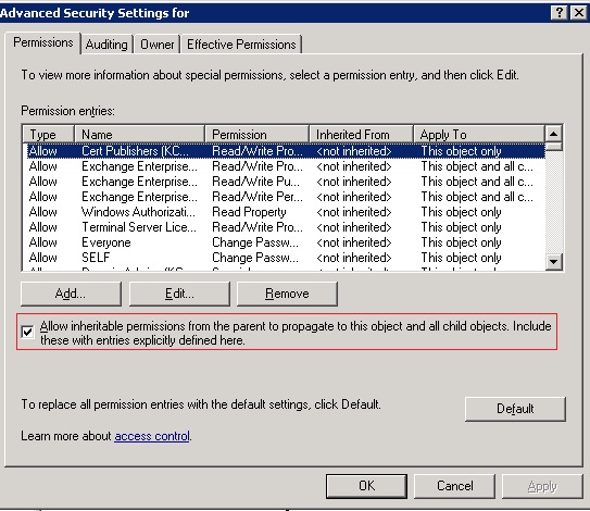 Allow inheritable permissions Allow inheritable permissions